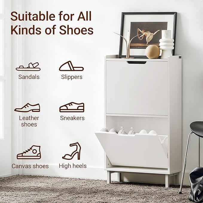 Haotian Slim Shoe Cabinet Entryway | Hidden Shoe Storage with Two Flip Drawers to Save Space, Freestanding Shoe Rack for Front Door, Entryway, Hallway (White)