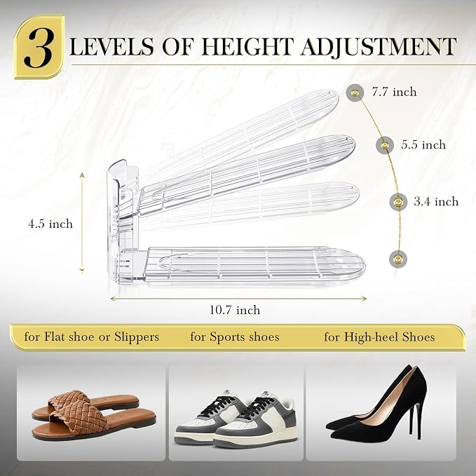 Shoe Slots Organizer 20 Pack - Shoe Stackers, 3 Levels Adjustable, Space Savers 50%, Double Layer Holders for Closet (Transparent), Organizador de Zapatos