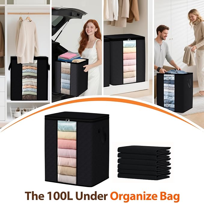 SpaceWhisper 6 Pack 100L Clothes Storage, Foldable Thick Fabric Blanket Storage Bags, Containers for Organizing Bedroom, Closet, Clothing, Comforter,Closet Organization with Handle,Black