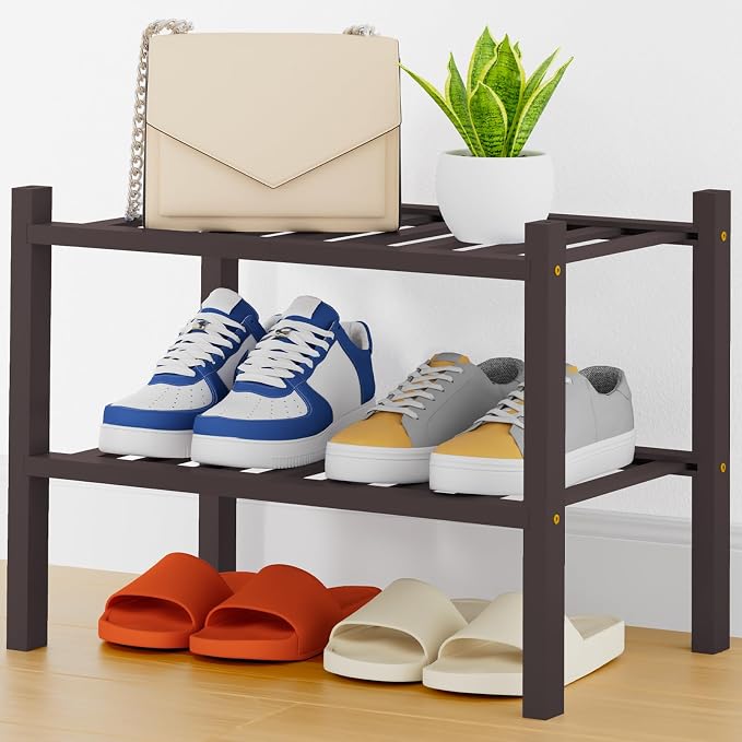 Smiry Bamboo Shoe Rack, 14 Vertical Slats, 2 Tier - 17.3" Wide, Brown | Stackable Free Standing Wooden Shoe Organizer, Wood Shoe Storage Shelf for Closet, Entryway, Thicher Leg