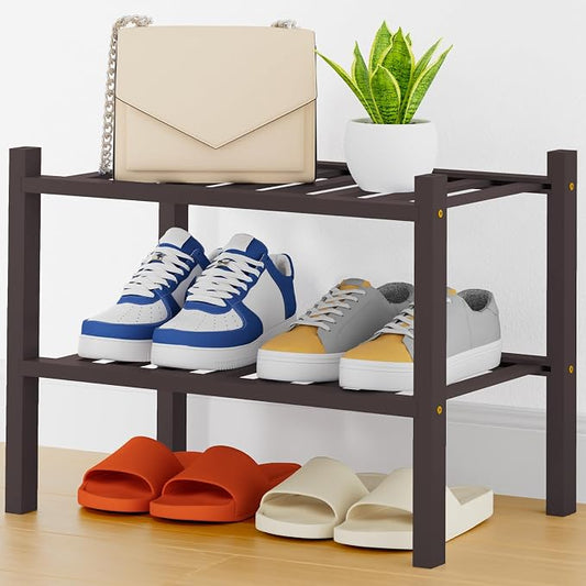 Smiry Bamboo Shoe Rack, 14 Vertical Slats, 2 Tier - 17.3" Wide, Black | Stackable Free Standing Wooden Shoe Organizer, Wood Shoe Storage Shelf for Closet, Entryway, Thicher Leg