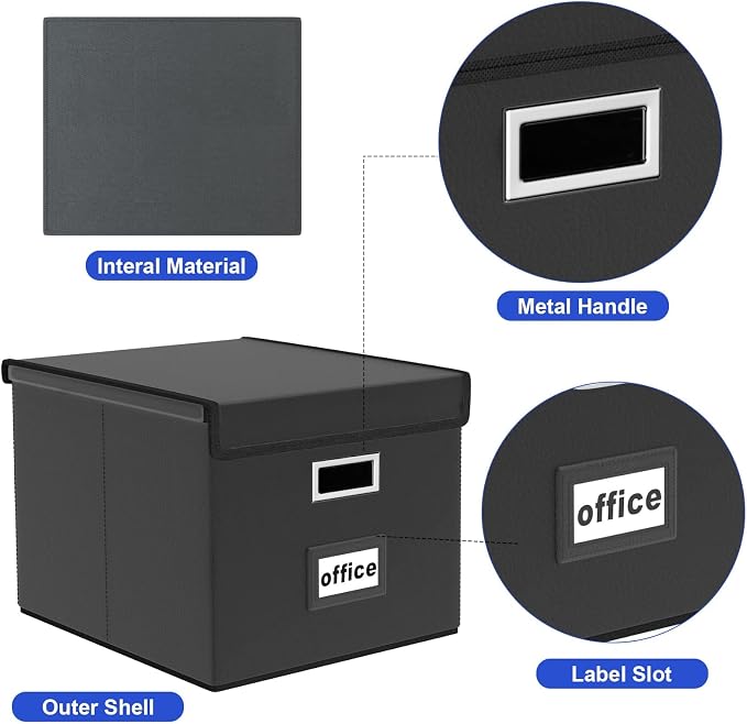 File Organizer Box with Lids, Collapsible File Folder Organizer | File Box with Plastic Slides for Document, Filing Bin for Letter Size Hanging File Folders (4 Pack, Black, Leather)