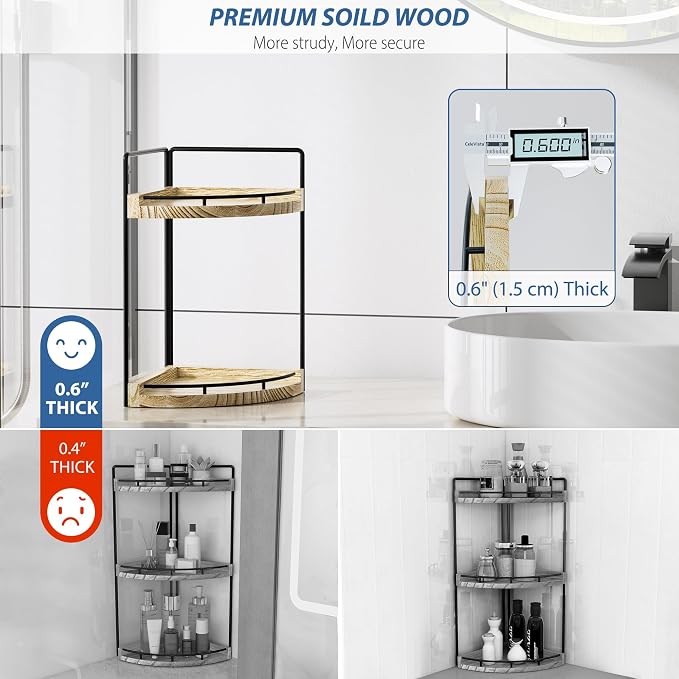Corner Bathroom Counter Organizer, 2 Tier Wood Vanity Storage, Waterproof Skincare Shelf for Kitchen & Toiletries Decor, Dresser (Rustic-2 Tier)