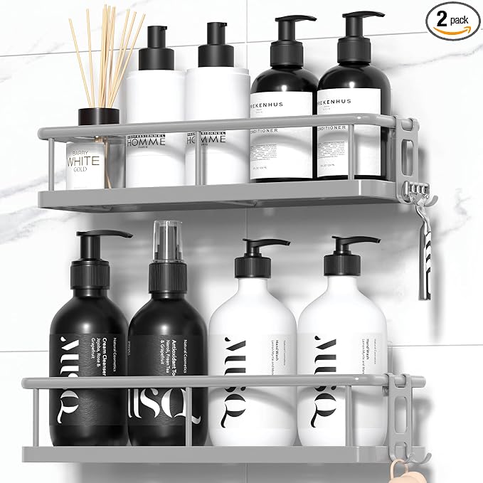 YASONIC Shower Caddy Adhesive, Rustproof Shower Organizer, Large Capacity Shower Shelves for Inside Shower, No Drilling Bathroom Organizers and Storage for Home Decor （2 Pack Grey）