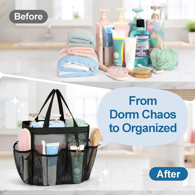 Mesh Shower Caddy Portable - 2 Packs, S-Hook, Shower Bag for Dorm Camping | 8 Pockets, 2-Handle, Quick-Dry, Hanging College Dorm Room Essentials for Girls, Gym, Travel & Bathroom, Black & Mint Green