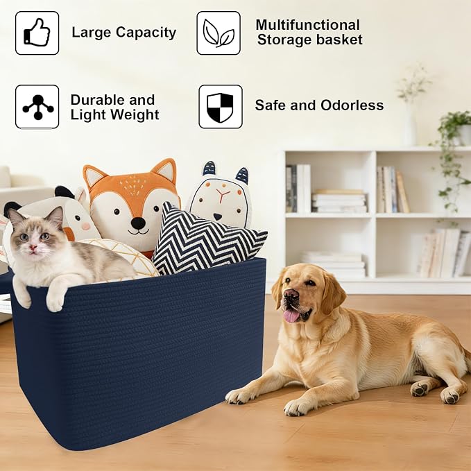 65L Collapsible Woven Rope Laundry Basket with Handles,Navy | 21x16x12 Foldable Rectangular Blanket Basket for Toys, Clothes & Pillows,Ideal for Nursery, Bathroom, Bedroom, Living Room