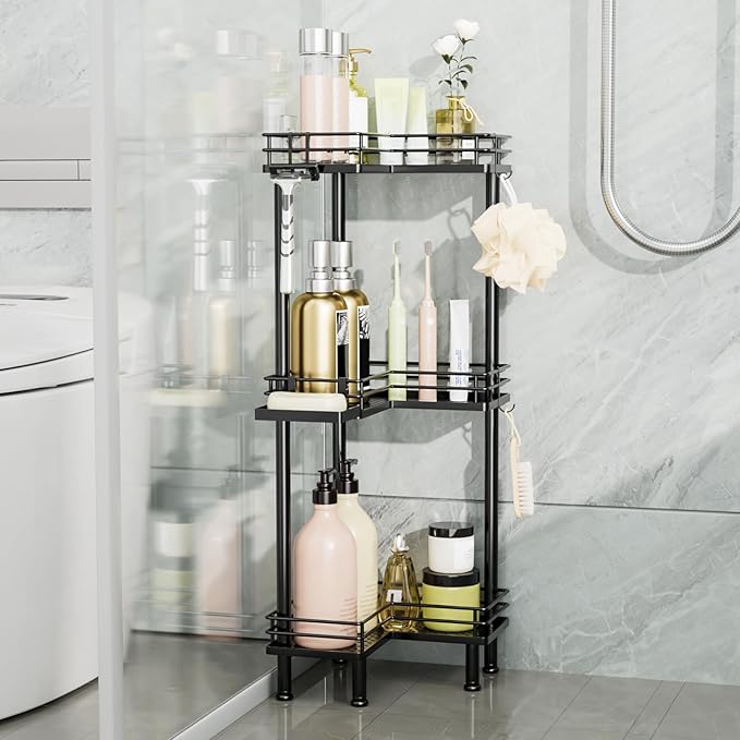 Consumest Corner Shower Caddy Standing - 3-Tier Stainless Steel Shower Organizer with Soap Holder and 4 Hooks, Large Capacity Corner Shelf Stand for Bathroom, Rest Room, Black