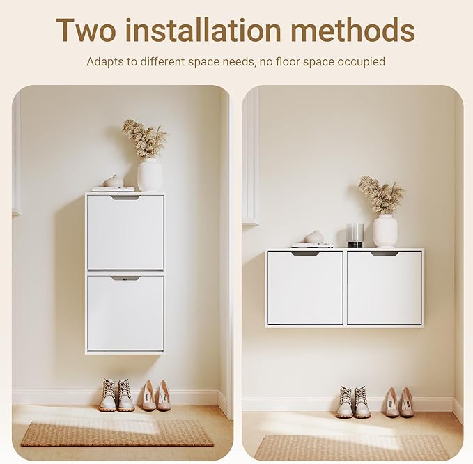 Haotian Wall Mounted Slim Shoe Cabinet for Entryway | Narrow Shoe Rack with 2 Flip Drawers, Hidden Shoe Storage Organizer, Anti-Tip Design, White, FSR210-W