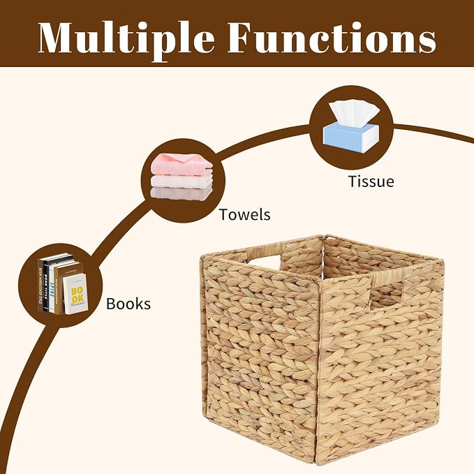 Wicker Storage Cubes, Foldable Storage Bins, 12x12x12 Inch, 2-Pack | 2-pack 12x12x12" foldable water hyacinth wicker cubes; collapsible storage bins for shelves, closets and home organization.