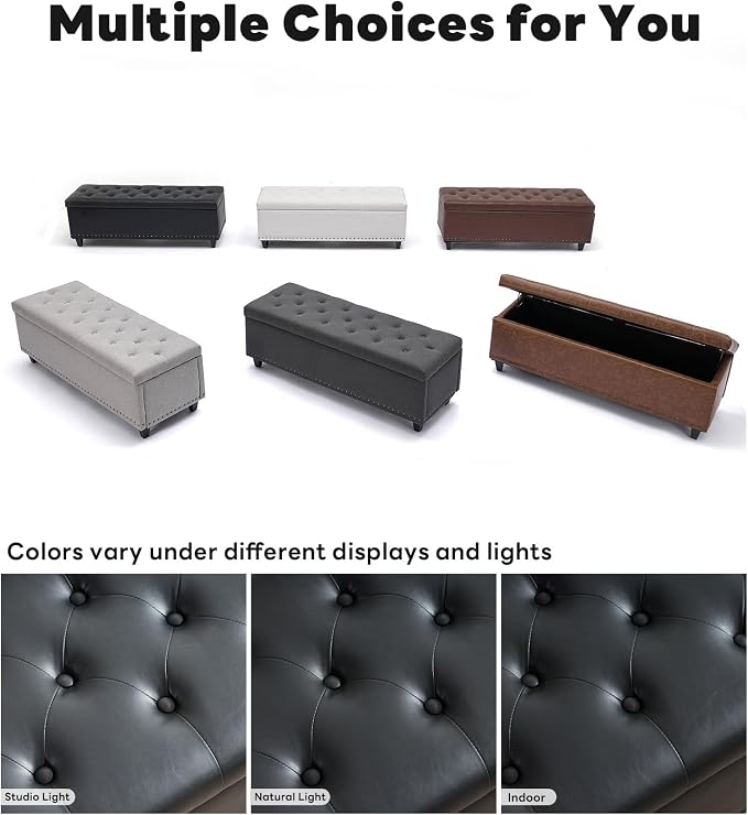 Tbfit Long Ottoman with Storage, 50.8" Faux Leather End of Bed Bench with Safety Hinge&Rivets, Entryway Benches Large Storage Ottoman Bench for Bedroom, Living Room, Holds up to 660 lb(Black)