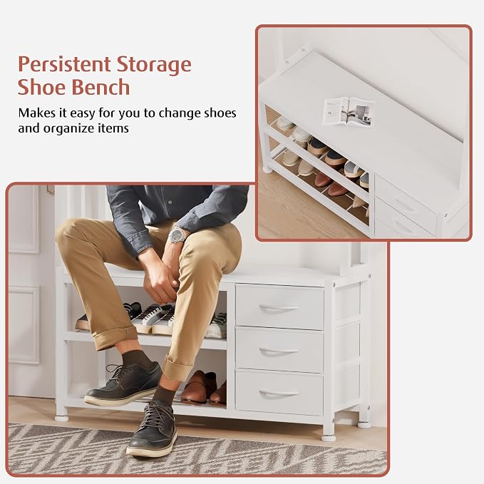 Hall Tree with Bench and 3 Drawers Storage, 31.5" Coat Rack Freestanding | White, 6-in-1, Top Cubby, 12 Coat Hooks, Adjustable Shoe Rack, Sturdy Metal Frame, Entryway Organizer