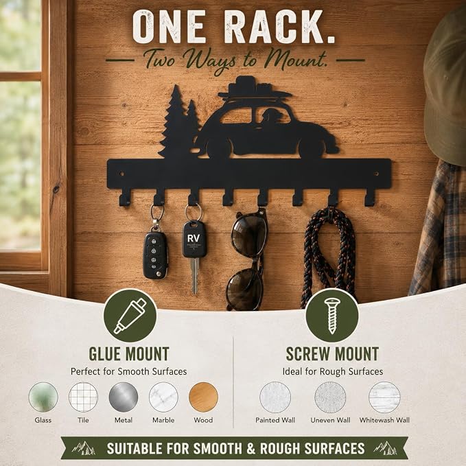 RV Decor Key Holder for Wall, Camper Key Rack with 8 Hooks, Black | Metal RV adventure decor with no-drill glue or screw mounting, ideal for entryway, hallway, living room, camper and RV