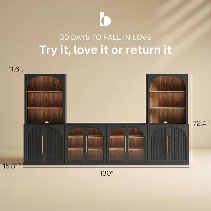BELLEZE 6-Piece Modular TV Stand Set - 2 Arched Glass Cabinets, 2 Double-Arc Wood Door Bases, and 2 Hutch Units, Classic Modern Entertainment Center with Adjustable Shelves for Living Room(Ebony)