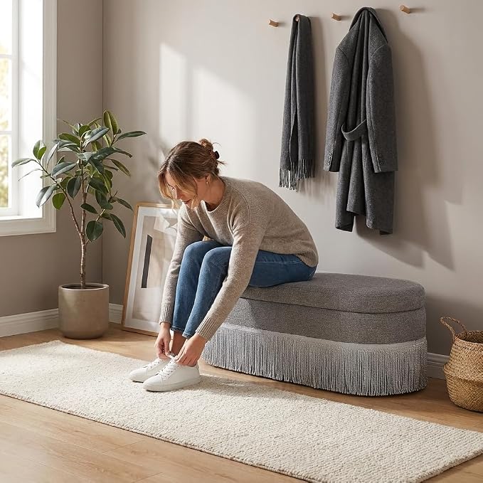 39.4“Storage Ottoman Bench with Tassels, Oval End of Bed Bench for Bedroom | Modern Ottoman with Storage,Linen Upholstered Entryway Foot Rest, Lift-Top Lid with Safety Hinge, Living Room, Grey