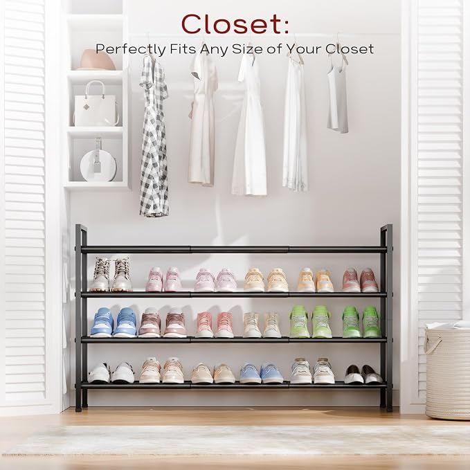 Bumusty 4 Tier Long Expandable Shoe Rack for Closet, Black | 18"-44" Adjustable Shoe Rack for Entryway, Shoe Organizer for Dorm, Front Door, Sturdy Metal
