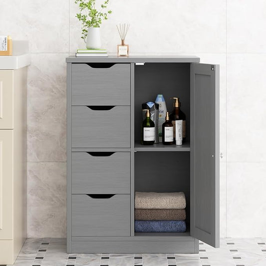 Walsunny Bathroom Floor Storage Cabinet, Wooden Storage Organizer with 4 Drawers and 1 Cupboard, Freestanding Entryway Storage Unit Console Table, Gray