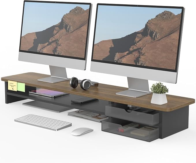 Fenge Monitor Stand, Desk Computer Riser with Frosted Storage Drawer, Brown | 42.5 Inch Dual Monitor Riser, 2 Tiers, Cable Management, Desk Shelf for 2 Monitors, Ultrawide Screen, Laptop, TV, Home Office
