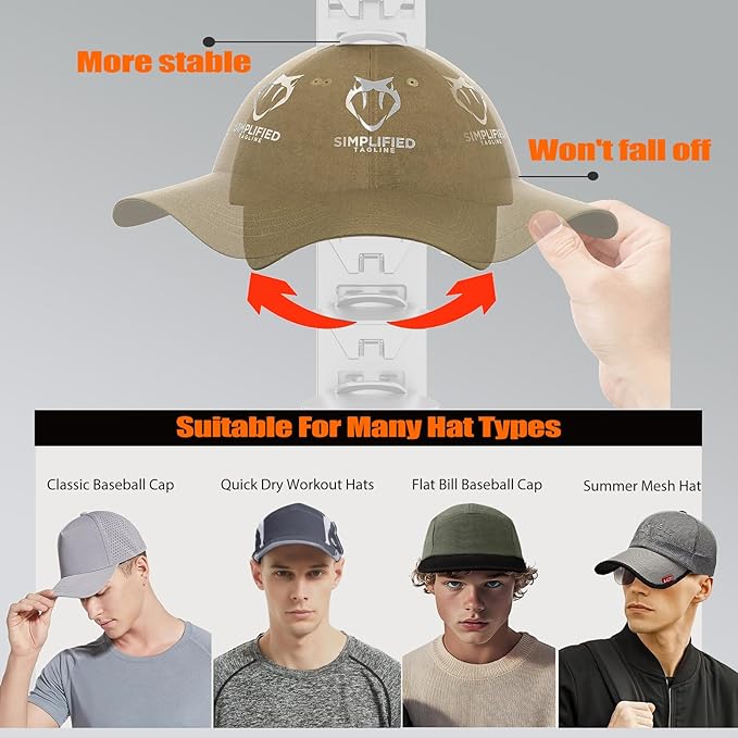 Hat Organizer for Baseball Caps Hold Up to 40 Hats, 2 Pack Hat Rack for Wall, Strong Adhesive Hat Storage Display Holder(White-2 Pack)