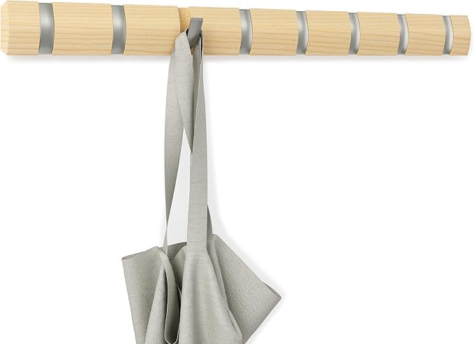 Umbra Flip Coat Rack, Wall Mount 8-Hook, Space Saving, Natural/Nickel | Real wood and steel build, retractable hooks fold flat, holds coats bags and scarves, easy install