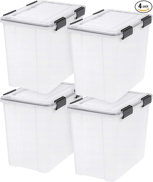 IRIS USA 4-Pack 32 Qt Storage Bins with Gasket Lids, Clear/Black | WeatherPro seal protects everyday essentials in closets, offices and laundry rooms
