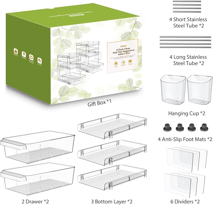 WAKISA 2Pcs Pull Out Organizer and Storage with Cups and Removable Dividers | Slide Out Drawer Storage Containers for Bathroom, Kitchen and Under-Sink Organization with 2 Cups and 6 Removable Dividers