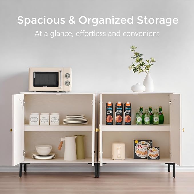 IFGET 61.75" W Modern Arched Sideboard Buffet Cabinet with Storage, White | Fluted Arch Sideboard Cabinet w/Adjustable Shelves, Wooden Modular Kitchen Cabinet for Dining& Living Room, Entryway