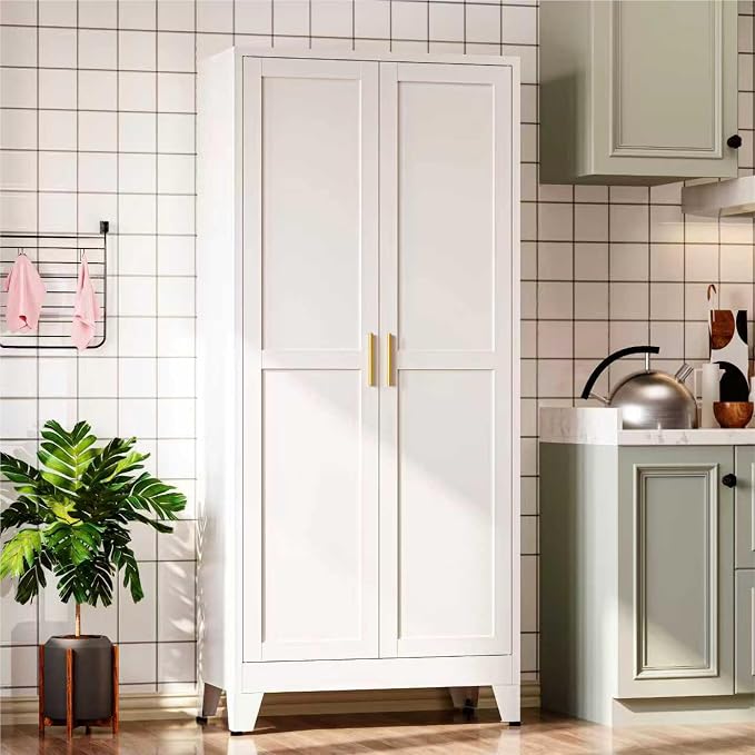 Bevivog Metal Kitchen Pantry Cupboard Cabinet, 71" White Storage Cabinets with 2 Doors and 4 Adjustable Shelves for Kitchen/Home Office/Dining Room/Living Room