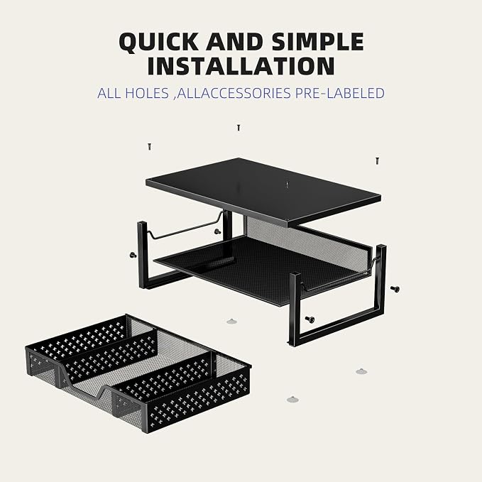 Simple Trending 2-Tier Monitor Stand Riser, Laptop & Printer Stand, Black | Metal Desk Organizer with Drawer, Desktop Organizer, Ergonomic Design, for Home Office, 16.34"W x 10.35"D x 3.5"H