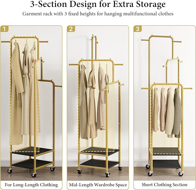 Chrislley Small Clothing Rack With Wheels & 2 Shelves, Narrow Clothes Rack | 3-Section Different Heights Metal Rolling Garment Rack, 71" Tall Portable Coat Rack with 6 Hooks for Bedroom, Entryway, Gold