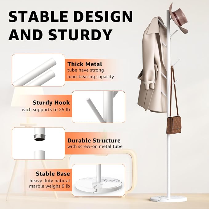HzTinT Coat Rack with Natural Marble Base, 3 Adjustable Height Coat Tree | with 8 Metal Hooks, Holds Coats, Bags & Hats, For Entryway, Bedroom and Office, White