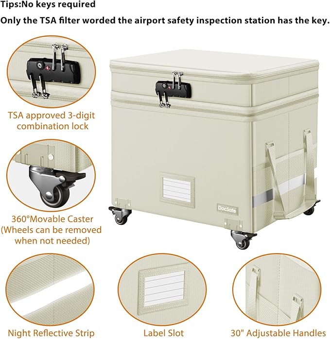 DocSafe Fireproof Document Box with Lock,2-Layer File Box with Wheels,Collapsible File Storage Organizer with Pockets,Large Portable Office Filing Cabinet for Hanging Folders,Beige,16''x13.8''x12.2''