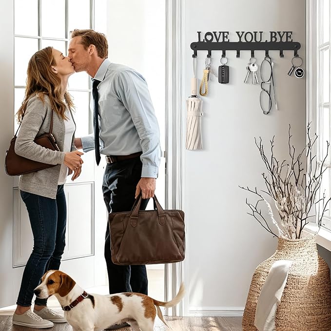 Key Holder for Wall - 'Love You Bye' Key Hooks, Black, 8 Hooks | Key Holder Wall Mount Self Adhesive, Key Rack Wall Mount for Wall No Drill for Living Room, Kitchen, Bathroom, Garage