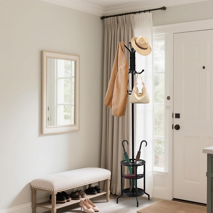 Coat Rack Freestanding, Coat Stand with Umbrella Holder, Metal Coat Tree with 12 Hooks, Coat Hanger Stand for Entryway, Coat Rack Stand for Bedroom, Living Room & Office