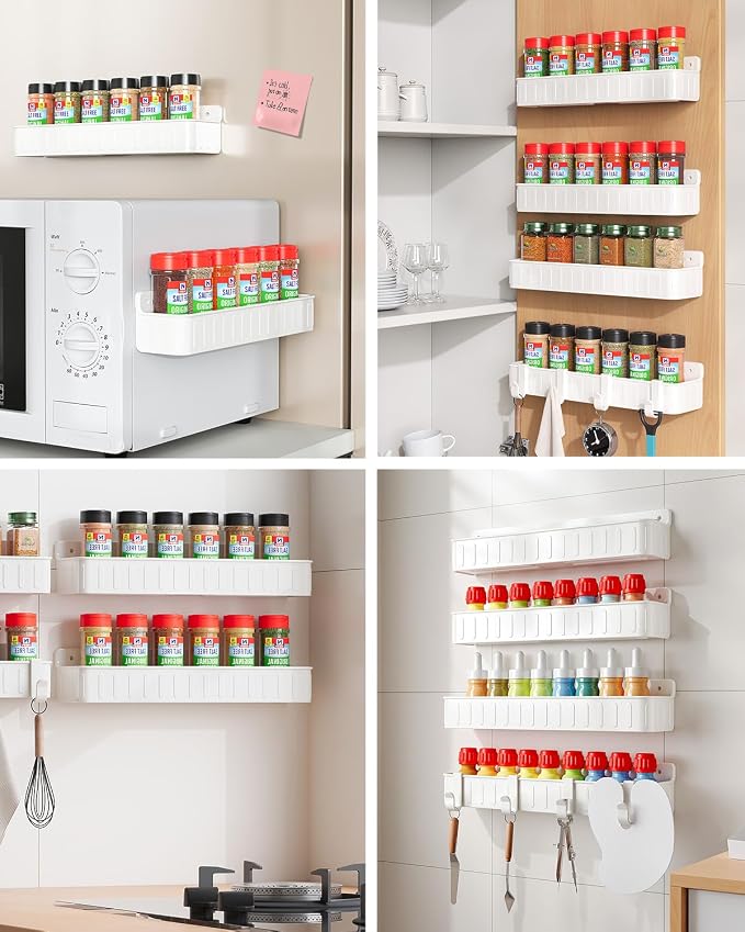 Nieifi Spice Rack Wall Mount, 4 Pack White, 2" Depth, Screw/Adhesive | Wall-Mounted with Removable Hooks Saves Counter Space, Fits 2" Deep Jars, Ideal for Kitchen Cabinets, Pantry Doors, and RVs.