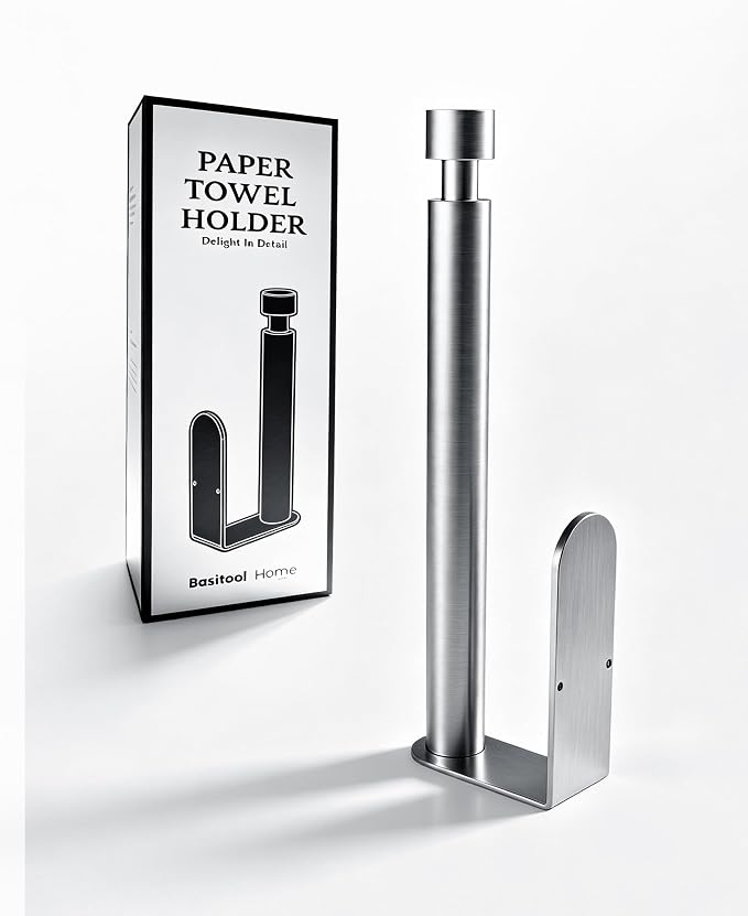 Paper Towel Holder Under Cabinet Adhesive or Drilling Silver | Drill Wall Mount or Adhesive, Easy Roll Loading, Heavy Duty, Stainless Steel Paper Towel Roll Rack for Kitchen, Bathroom