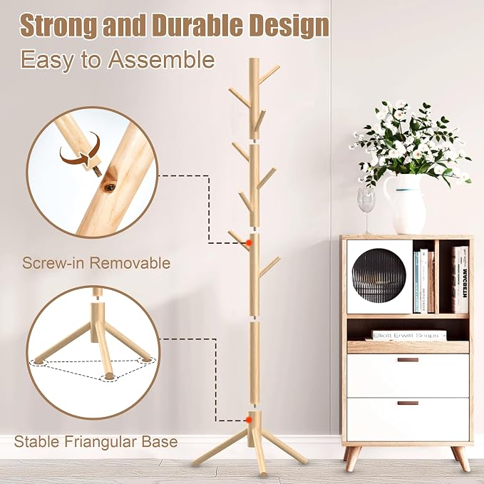 Aliphon Wooden Coat Rack Stand, Freestanding Coat Rack with 8 Hooks, 3 Adjustable Size Coat Tree for Hats, Coats, Scarves bags, Coat Hanger Stand Used in Bedroom/Office/Entryway (Natural)