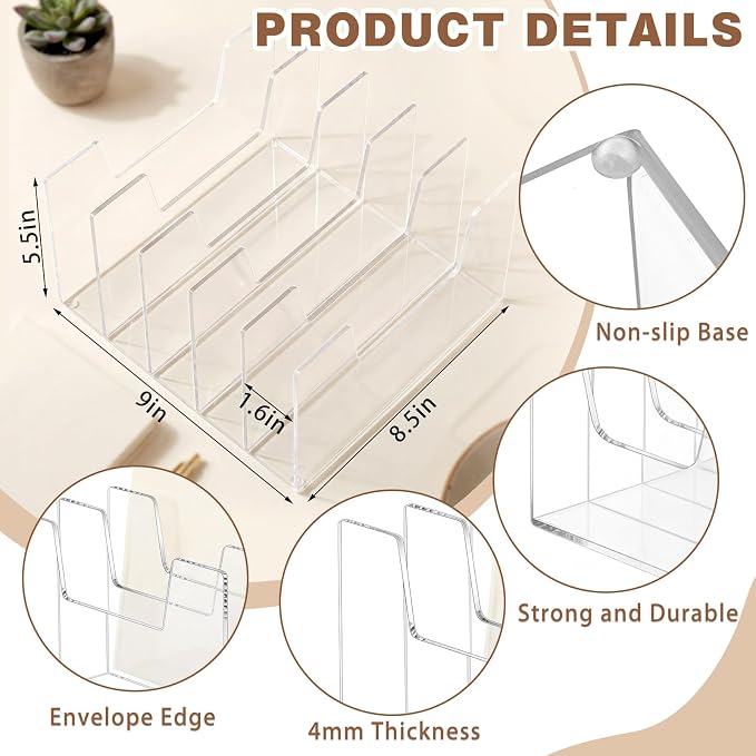 5 Section Clear Acrylic Desktop File Organizer Vertical File Sorter 4mm Thick, Large Capacity Upright Magazine Organizer, Book Paper, Notebooks, Envelopes, Mail Holder