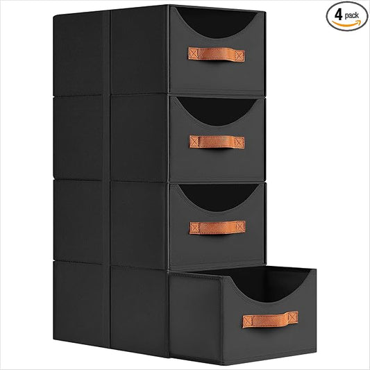 Homsorout Stackable Storage Drawers - Collapsible Storage Bins with Drawers, 4 Pack Closet Shelf Organizer Basket, Fabric Pull Out Organizer for Bedroom, Living Room, Dorm, Black