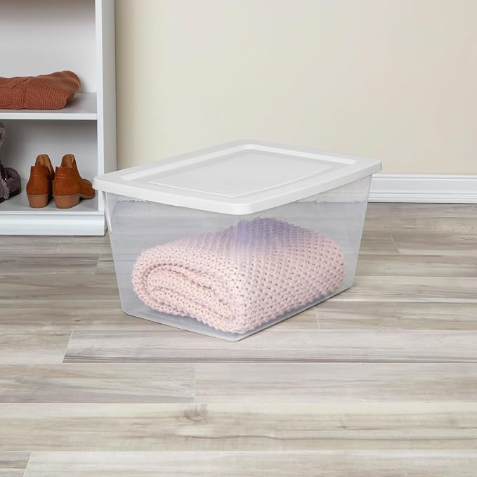 Sterilite Clear Storage Box Stackable Tote, 58 Quart, 12-Pack | Clear Plastic Container with Secure Snapping Lids for Home and Office Organization, White