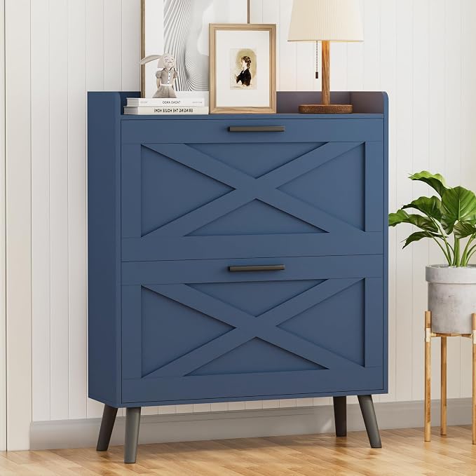 Homleke Farmhouse Shoe Storage Cabinet with Flip Drawers & Barn Door Design | Slim Narrow Shoe Rack Cabinet with Adjustable Shelves & Hidden Storage for Entryway, Foyer, Hallway, Living Room, Blue