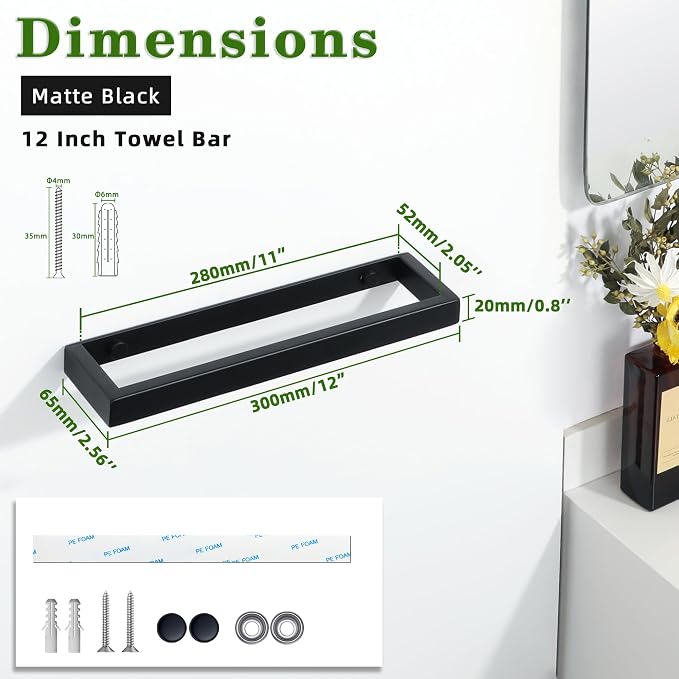 Alise 12 Inch Hand Towel Holder Black Towel Bar for Bathroom Wall Mounted | Towel Rack for Bathroom Lavatory,SUS304 Stainless Steel Towel Rail for Bath Kitchen,Self-adhesive or Drilling Mount