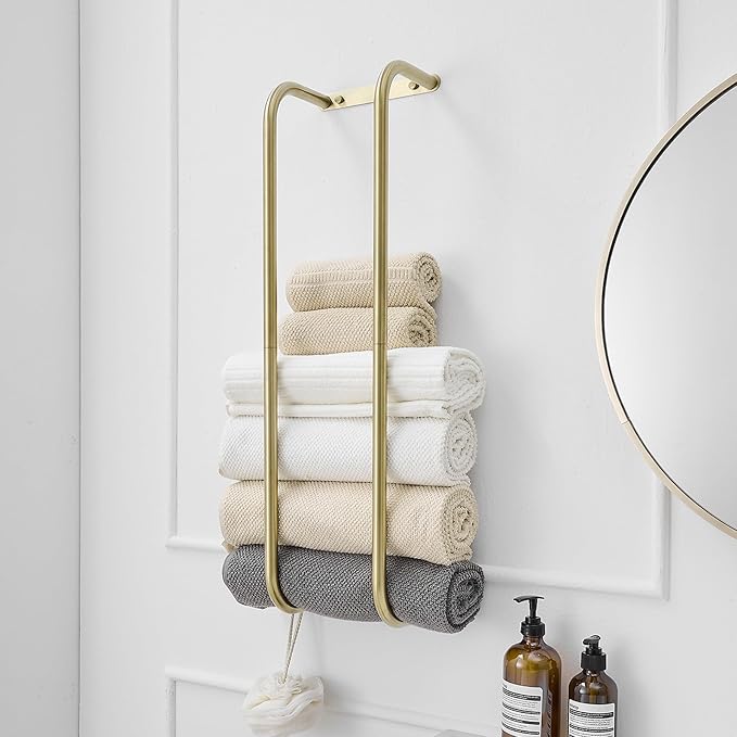 BWE Brushed Gold Towel Racks for Bathroom Wall Mounted for Rolled Towels | Bathroom Towel Rack Storage Stainless Steel Vertical Towel Holder Bathroom Organizer Space Saving for Bedrooms Hotels