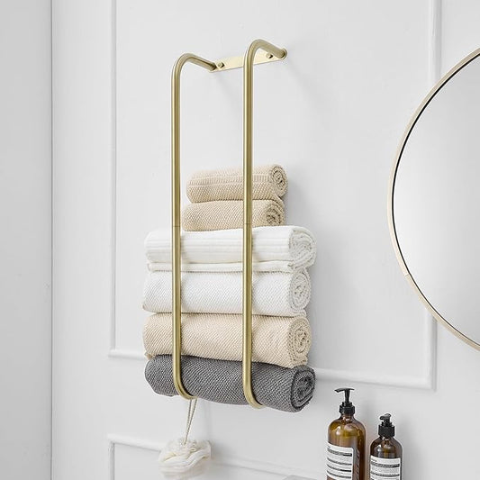 BWE Brushed Gold Towel Racks for Bathroom Wall Mounted for Rolled Towels | Bathroom Towel Rack Storage Stainless Steel Vertical Towel Holder Bathroom Organizer Space Saving for Bedrooms Hotels
