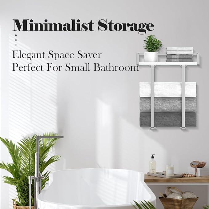 Towel Rack Wall Mounted, Xstydes Metal Towel Holder with Wooden Shelf for Folding Large Towels, Towel Storage for Small Bathroom Organizer Decor or RV Camping, Silver