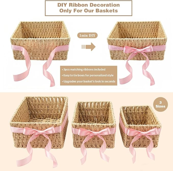 Small Wicker Basket 3-Piece Set: Handwoven Natural Paper Rope Storage Baskets for Organization, Storage, and Home Decor (With a ribbon)