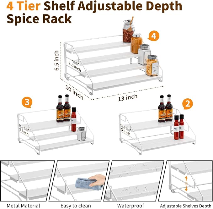 BOIVSHI Tiered Spice Rack, 4 Tier Spice Shelf Organizer for Cabinet, Spice Rack Organizer, Depth Adjustable Seasoning Rack Organizer for Cabinet, Countertop, Pantry, Metal, White (1 Pack)