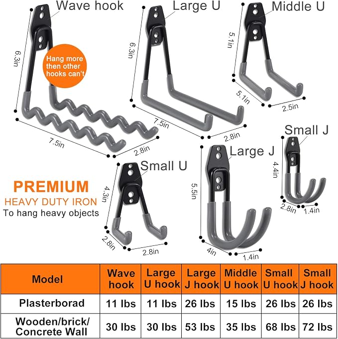 AOBEN 24PCS Garage Hooks, Heavy Duty Double Garage Hanger Organizer Wall Mount Iron Anti-Slip Garage Storage Hooks for Ladder, Power Tool,Bike,Ropes（23 Hooks & 1 hoder Strap-Gray