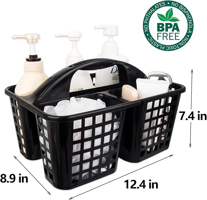 Portable Shower Caddy Basket Plastic Storage Basket with Compartments Black | Sturdy Large Capacity Cleaning Supplies Organizer Divided Tool Bin for Bathroom Kitchen Bedroom College Dorm Essentials