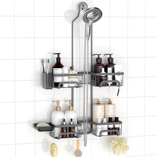 REINHARDT Split Shower Caddy Hanging for Handheld Showerheads, Grey | Adjustable Shower Organizer, Rustproof, 16 Hooks, Soap Holder, 40lbs Capacity, Anti-Slip, Tool-Free, Bathroom Accessories