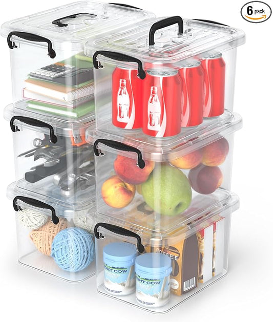 Plastic Storage Containers with Lids - 6 Pack 6 Quart Clear Storage Bins with Lids, Stackable Storage Containers for Organizing, Small Plastic Storage Box with Lid, Black Handle and Latches